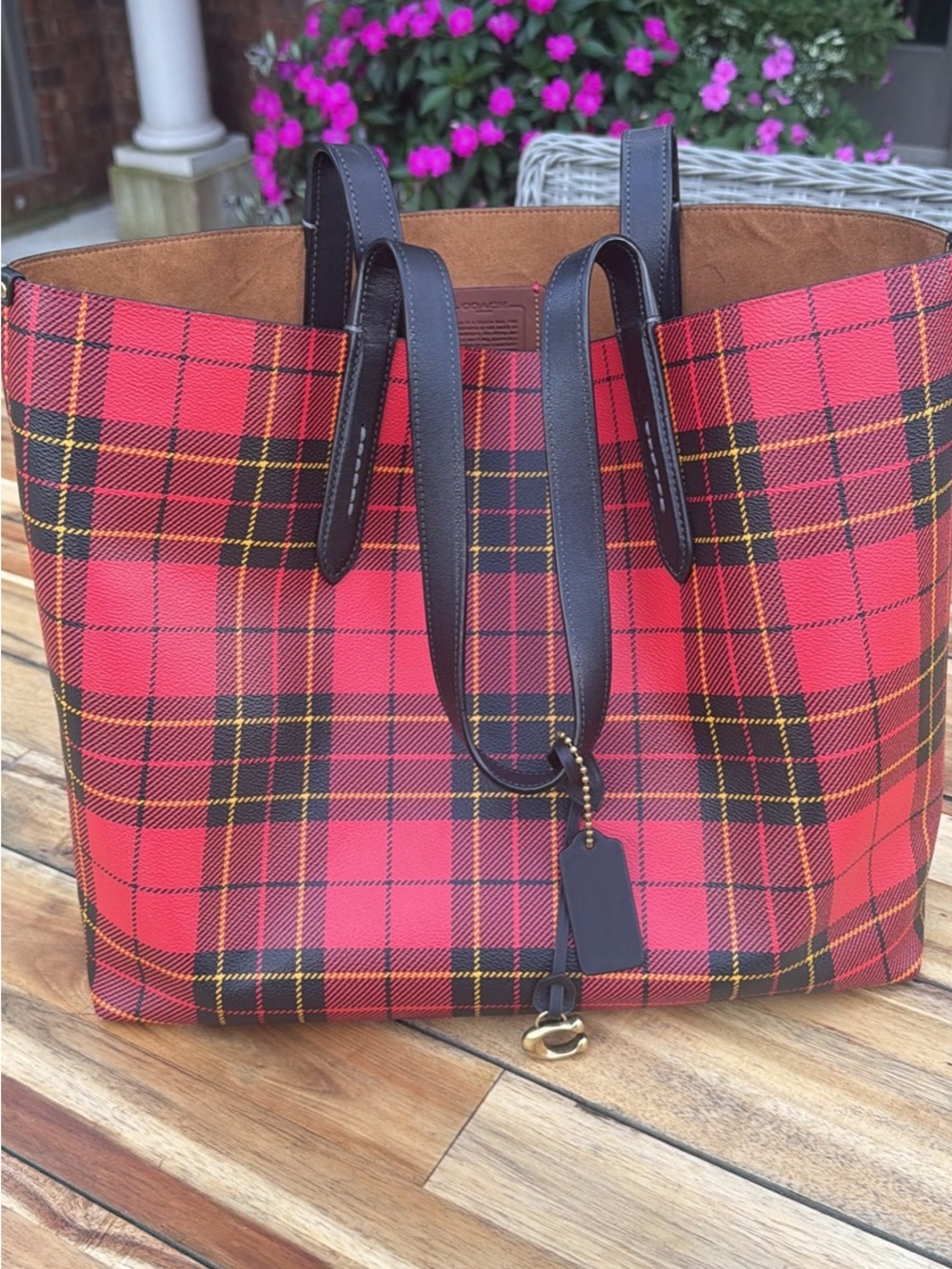 COACH Red Plaid Tote Bag with Black Trim - Classic Women's Carryall
